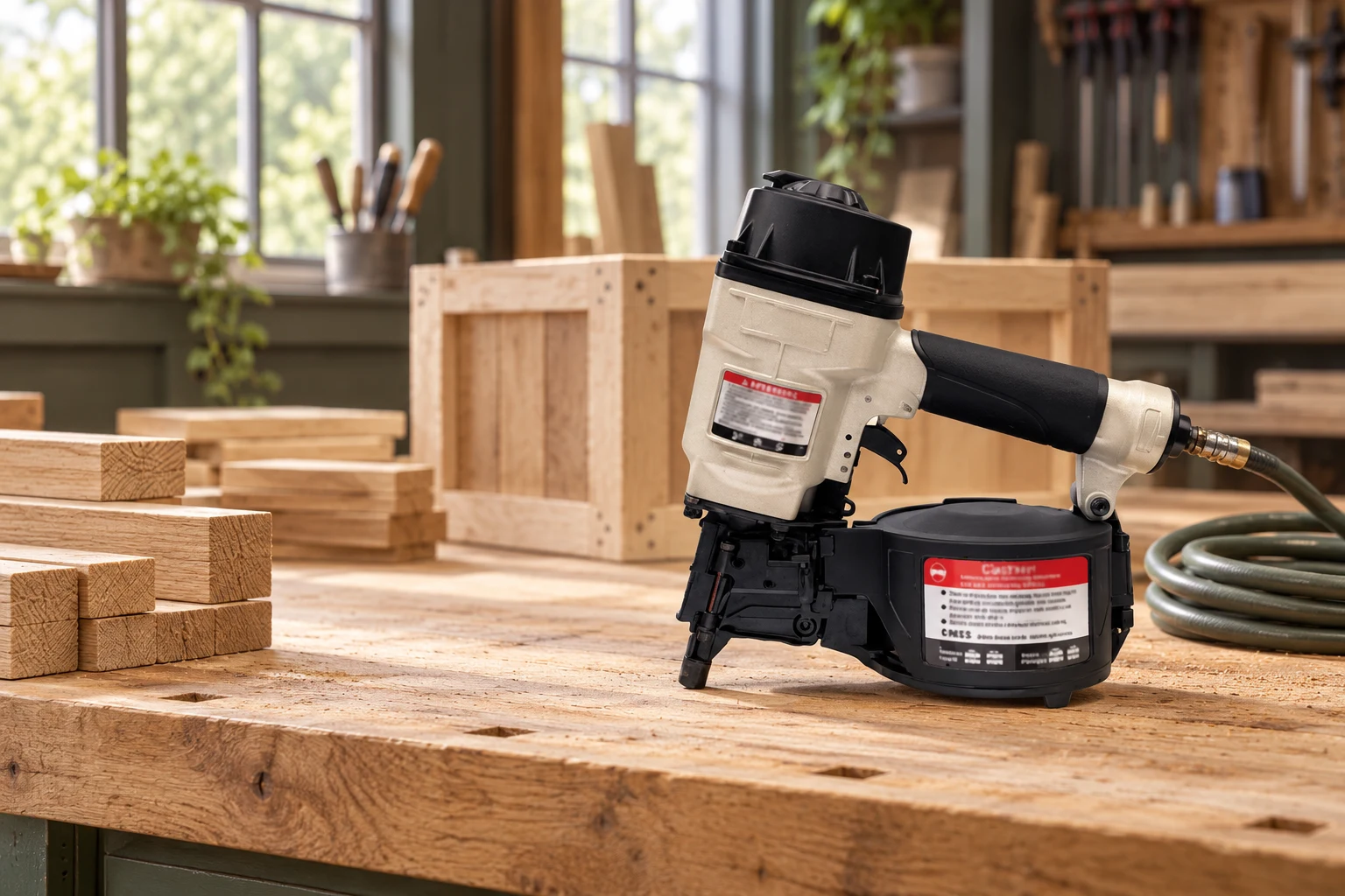 Illustrative setting: CN55 coil nailer on a timber workbench