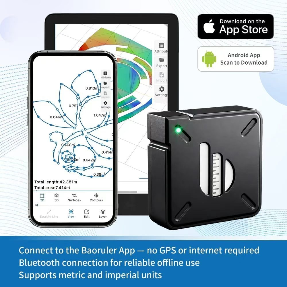 Supplier illustration showing Baoruler measurements and drawings on a phone and tablet